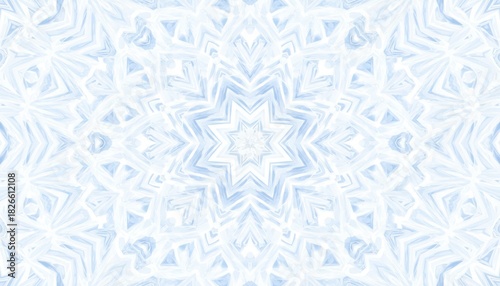Abstract kaleidoscope pattern with soft blue and white hues creating a symmetrical star like design