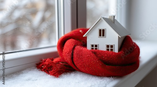 A cozy decoration featuring a small house and a hot drink sits by a snowy window, evoking warmth during winter
