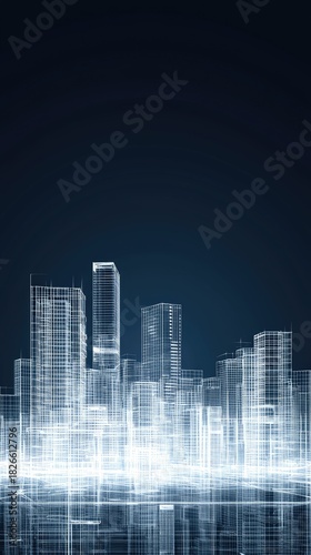 Skyscrapers are illustrated in a wireframe style, highlighting architectural details and structure against a deep blue backdrop
