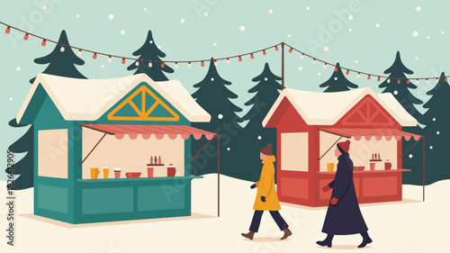 People walking past festive stalls at a winter christmas market in a snowy scene, depicting holiday shopping, seasonal decorations, christmas trees, glowing lights