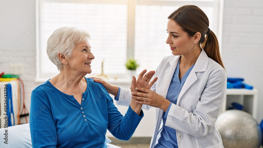Obraz premium Woman doctor helping senior woman patient with hand mobility exercise during physical therapy session. Healthcare and rehabilitation concept.