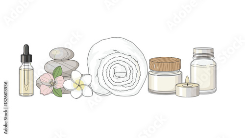 Elegant spa day essentials with soothing aromatherapy oils, flowers, and candle for serene relaxation and wellness promotion