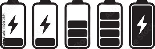 Battery charge level icons set black and white charging symbols vector illustration