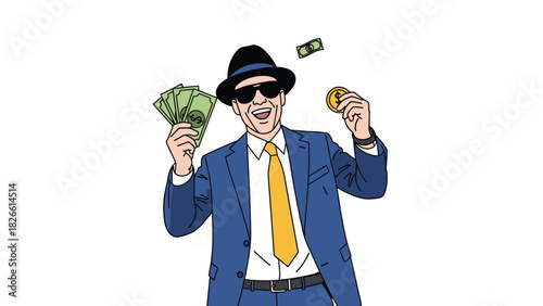 Excited man celebrates financial victory with cash and coin, embodying success and wealth with a confident winning attitude