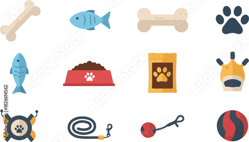 Pixelated pet supplies arranged on a black background in a simple flat design