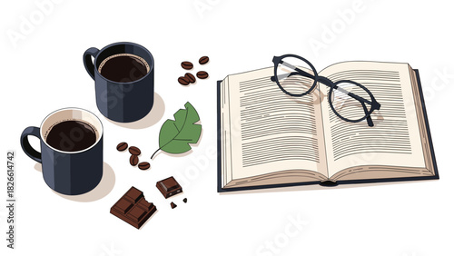 A cozy morning with coffee, dark chocolate, and a good book with stylish glasses in a relaxing atmosphere