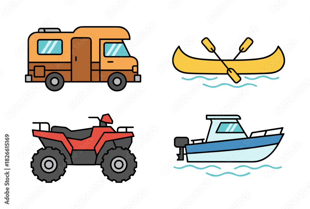 Naklejka premium Outdoor recreational vehicles and boats flat line icons