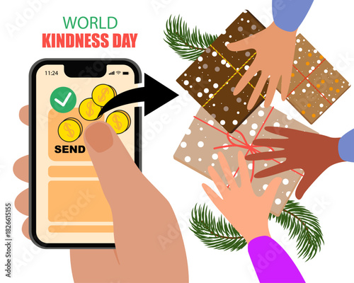 World kindness day. Random acts of kindness day emblem. Charity for children. Caring, responsibility, altruism of people. Vector illustration. Global earth. Ecology theme. 