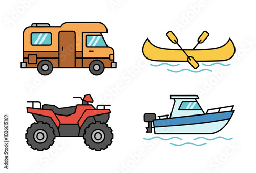 Outdoor recreational vehicles and boats flat line icons