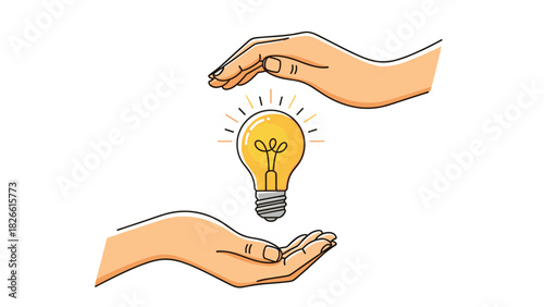 Care hands guarding a glowing lightbulb representing innovation and creativity in business solutions