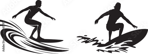 Minimalist Surfer on Wave – Black and White Action Illustration