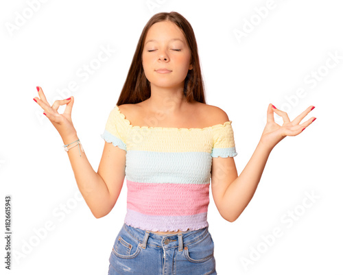 People, yoga and healthy lifestyle. Young girl keeping eyes closed while meditating indoors, practicing peace of mind, keeping fingers in mudra gesture. PNG transparent.