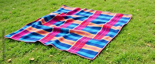 Large, waterproof, plaid picnic blanket spread on grass,  ground,  spring