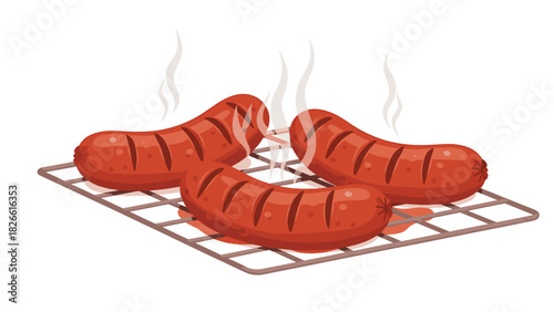 Mouthwatering grilled sausages sizzling on a wire rack ready for a delicious cookout or barbecue featuring tantalizing food preparation