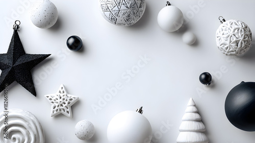 Modern geometric Christmas decorations in monochrome palette on white background, centered large space 