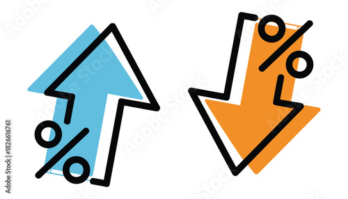 Percent with arrows up and down, including rising and falling percentage icons, growth and reduction symbols, financial elements for banking, credit, interest rates, business, and vector illustrations