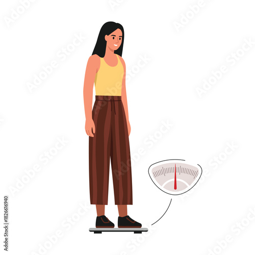Vector illustration of a slim girl standing on the scales. Cartoon scene of a girl determining body weight, standing on a measuring device isolated on a white background.Floor scales with a red arrow.