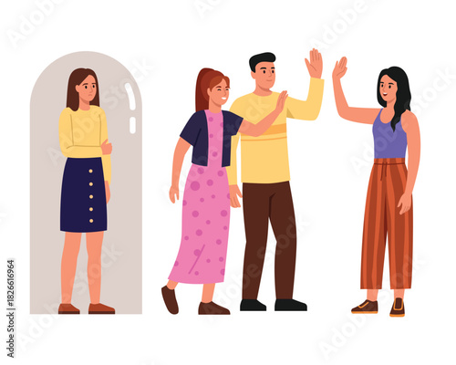 Vector illustration of ignoring, discriminating against a girl. Cartoon scene: a group of guys and girls greet, communicate, ignore, do not accept a girl to their team, isolated on a white background.
