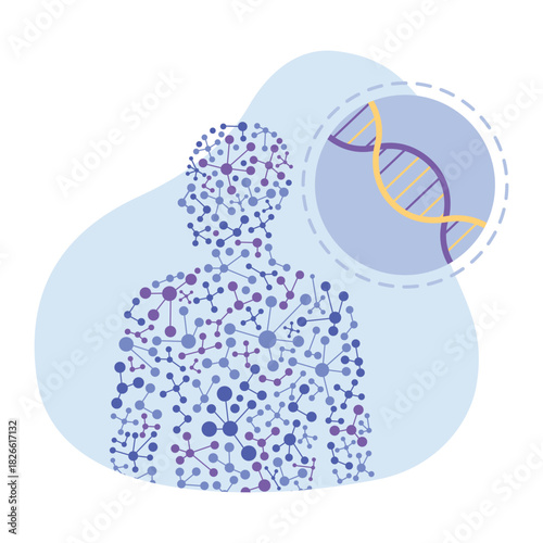 Vector illustration of DNA molecule with genetic code.Cartoon scene of human figure consisting of molecules, DNA of two strands, double helix, nucleotides, isolated on white background. Biotechnology.
