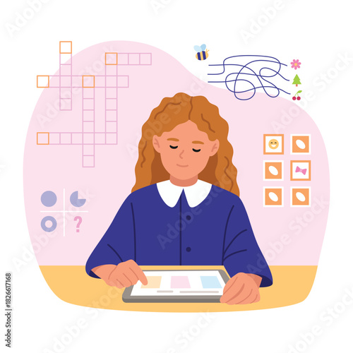 Vector illustration little girl studying on a tablet. Cartoon scene of a schoolgirl sitting at a desk with a tablet,solving crosswords,mazes, puzzles isolated on white background.Preparing for school.