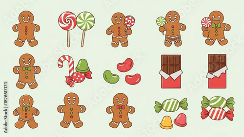 Festive gingerbread men and assorted candies create a delightful holiday treat pattern perfect for seasonal backgrounds and designs