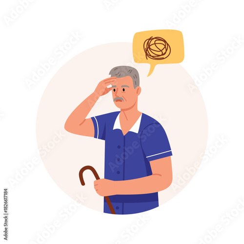 Vector illustration of Alzheimer's disease. Cartoon scene of a confused elderly man with gray hair, mustache, has memory problems, holds a walking stick isolated on white background. Dementia.