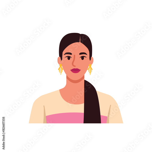 Vector illustration of a girl with makeup. Cartoon scene, beautiful brunette with long hair, ponytail, gold earrings, lips painted with bright lipstick, eyeliner isolated on white background.