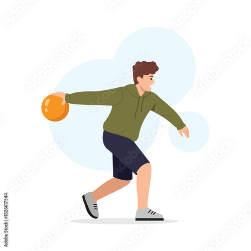 Vector illustration of bowling game. Cartoon scene of cheerful boy with curly hair, dressed in hoodie, shorts, sneakers, holding yellow bowling ball to hit the pins isolated on white background.