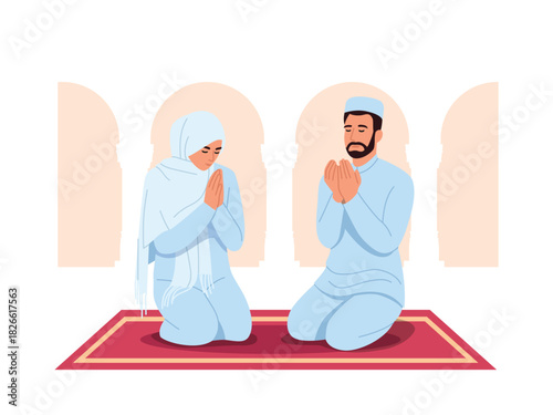 Vector illustration of a Muslim couple praying in a mosque. Cartoon scene of a man and a woman wearing hijabs, kneeling, praying with folded hands isolated on white background. Islam confession.