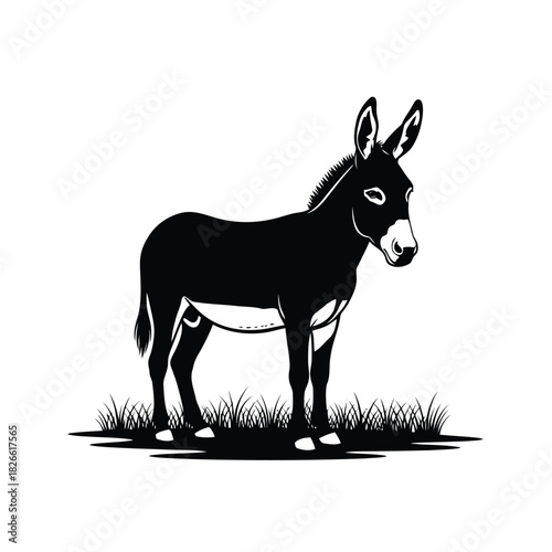 Black and white silhouette illustration of a donkey standing in grass