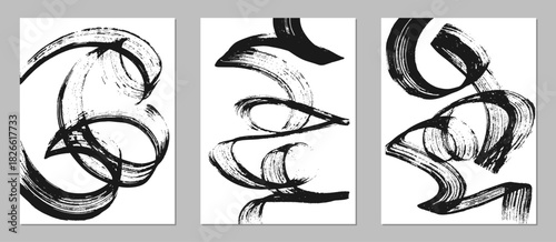 Set of abstract backgrounds. Black ink brush strokes, patterns, posters, cover.