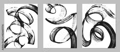 Set of abstract backgrounds. Black ink brush strokes, patterns, posters, cover.
