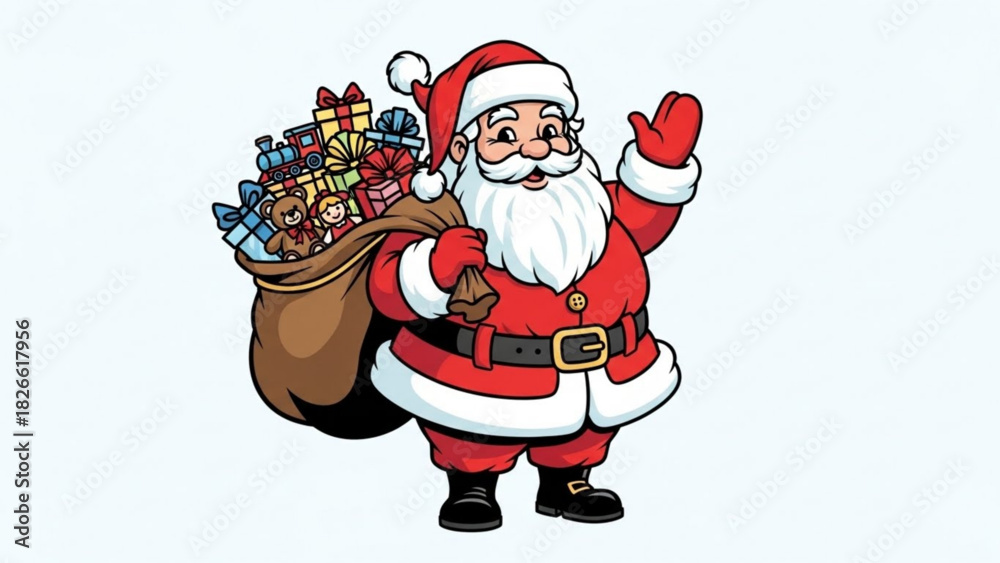 Obraz premium Cheerful santa claus waving with a sack full of christmas presents and toys ready to deliver on christmas eve in a cartoon illustration