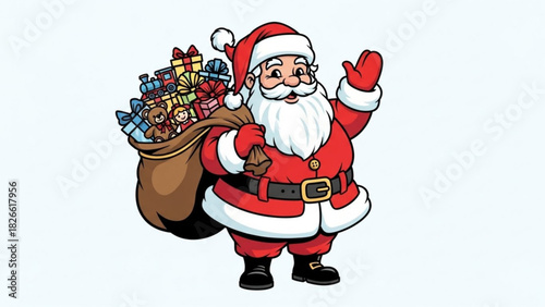 Cheerful santa claus waving with a sack full of christmas presents and toys ready to deliver on christmas eve in a cartoon illustration