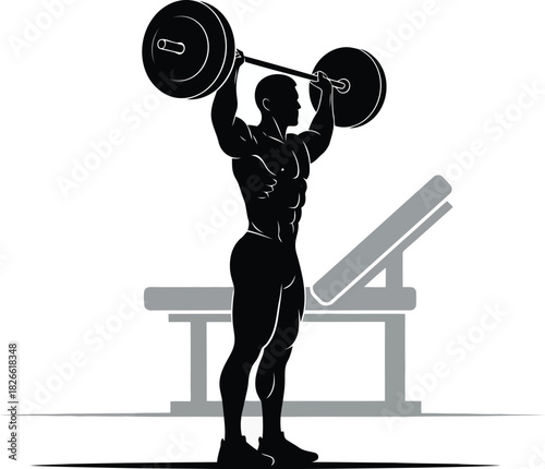Silhouette of muscular man lifting barbell overhead