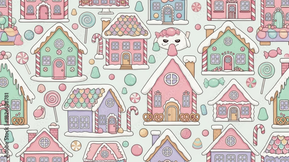 Naklejka premium Pastel gingerbread houses and candies create a whimsical and sweet pattern perfect for holiday backgrounds and festive designs for children