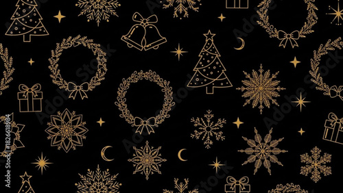Elegant christmas pattern with golden christmas trees snowflakes wreaths stars bells gifts and moons on a black background for festive designs