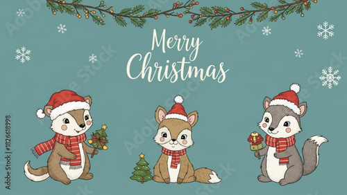 Three adorable woodland creatures celebrate merry christmas with festive hats and scarves against a teal background with snowflakes and greenery