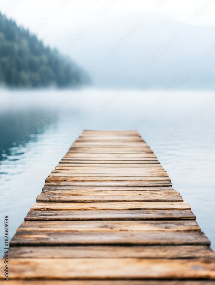 Fototapeta premium Calm Wooden Pier Overlooking Foggy Lake in Serene Landscape