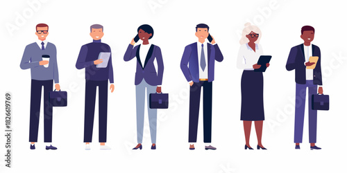 Diverse group of business people standing together with phones and briefcases