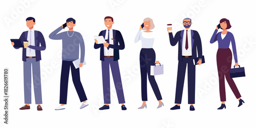 Diverse group of business professionals using technology and communicating