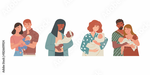 Diverse families holding newborn babies with love and care