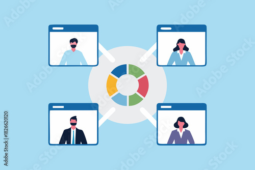 Virtual team meeting with data analysis and business review