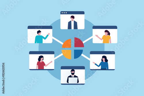 Online meeting with pie chart and diverse participants illustration