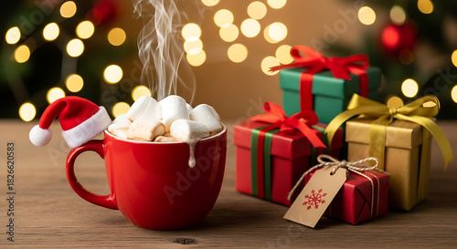 Cozy Christmas cocoa in a red mug with marshmallows and a Santa hat by gifts 50279146 1