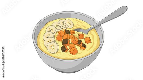 Delicious bowl of creamy oatmeal topped with fresh banana slices and sweet potato chunks, perfect for a healthy breakfast or snack