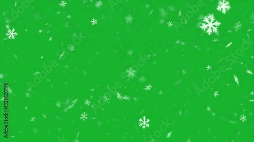 High-contrast, realistic snowfall overlay with beautifully detailed falling snowflakes on a green screen, perfect for creating a transparent winter background