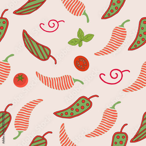 Minimalist Chili Pepper Seamless Pattern Vector Illustration. Red Chili Line Art with Curved Stripe Texture. hot chili pepper. Red chili pepper hand drawn illustration. Vibrant red chili pepper.