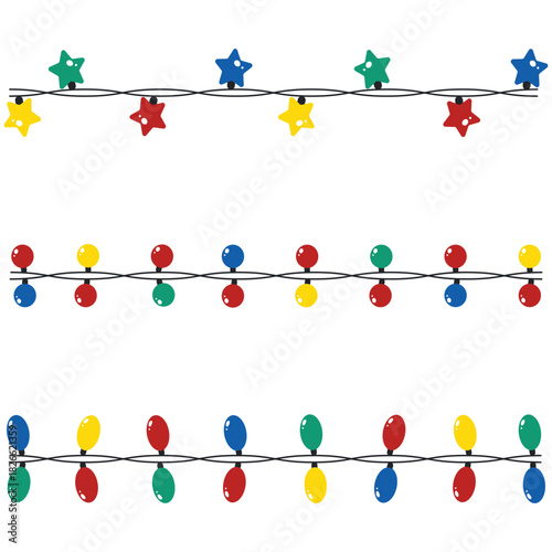Vector set of Christmas garlands. Holiday decorations, Winter celebration elements. Light bulbs, star garland isolated on white.