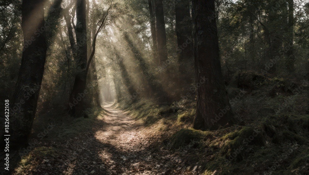Fototapeta premium Sunbeams pierce through a dense forest canopy illuminating the forest floor.